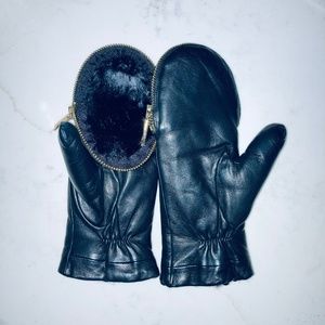 Kate Spade Black Leather Faux Fur Lined Mittens